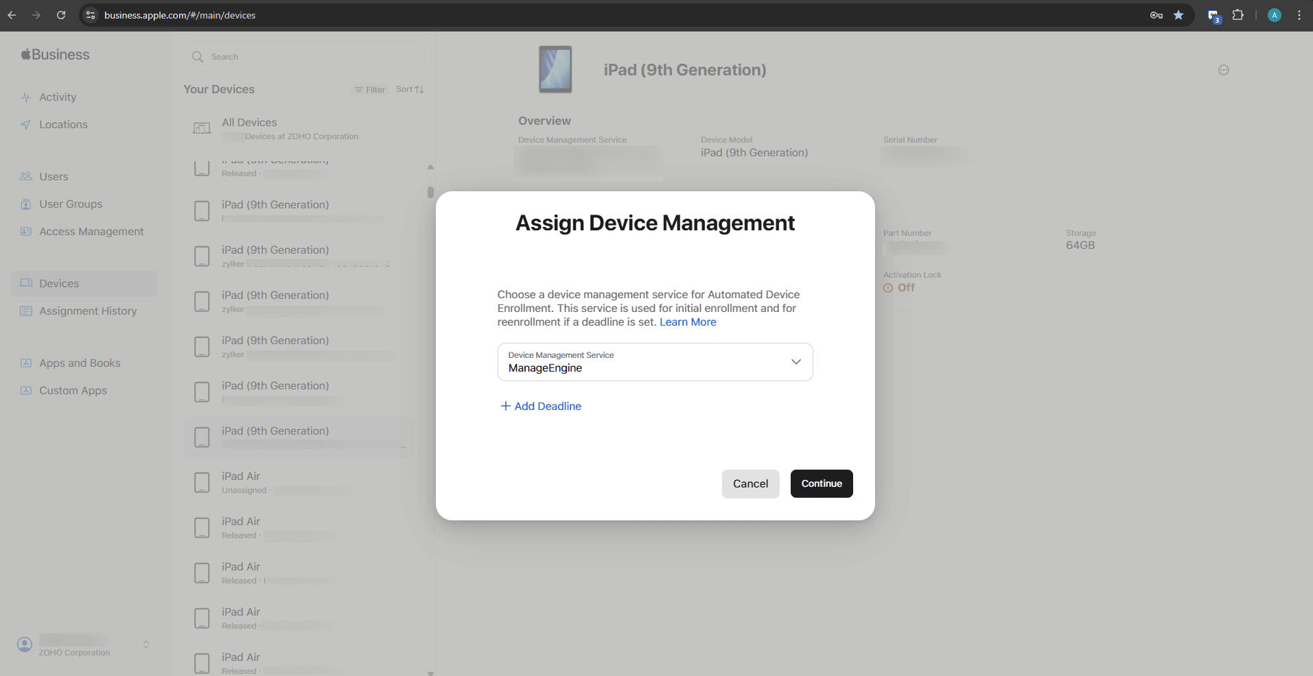 Assign Device Management dialog with ManageEngine selected