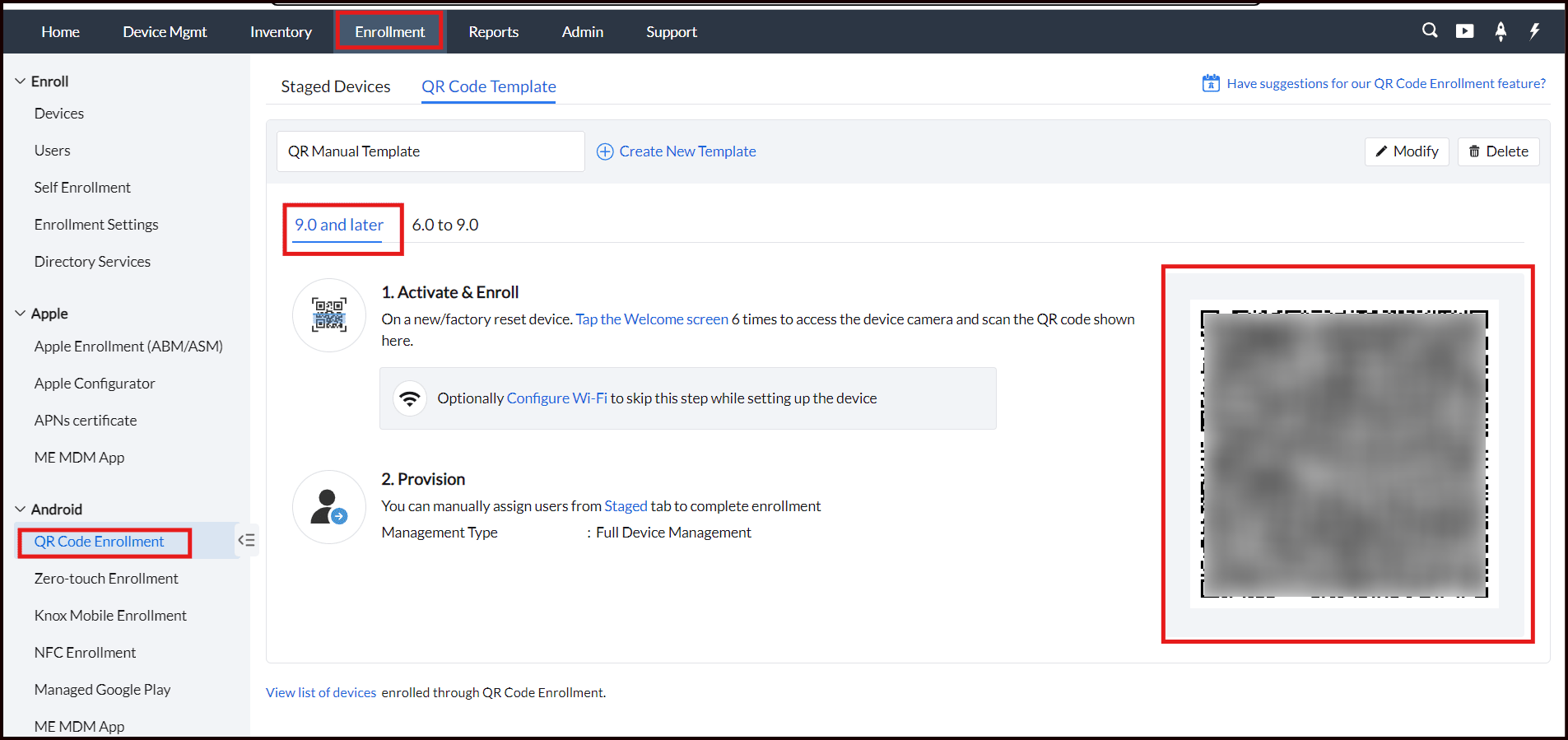 QR Code Enrollment page in Mobile Device Manager Plus showing the QR code under the 9.0 and later tab