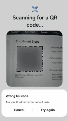 Wrong QR code - Ask your IT Admin for correct code error message shown during Android enrollment