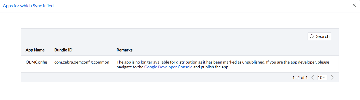 MDM console error showing an app is fully unpublished and unavailable for distribution