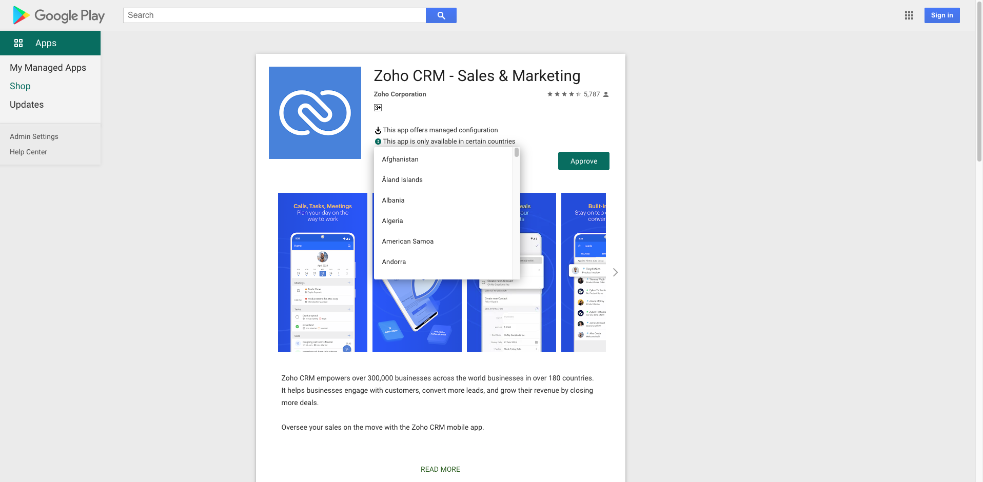 Managed Google Play app search results showing app region availability