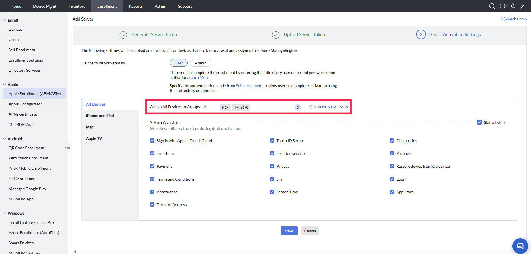 ManageEngine MDM screenshot showing VPP apps assigned to Apple device groups
