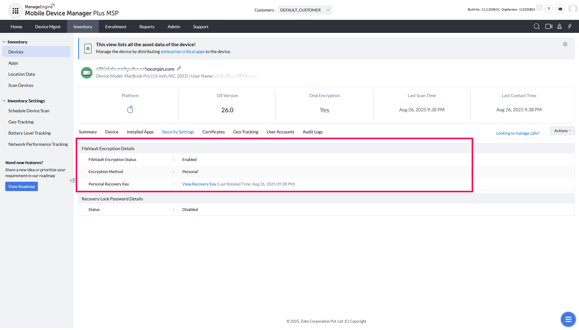 ManageEngine MDM security settings showing the rotated FileVault recovery key