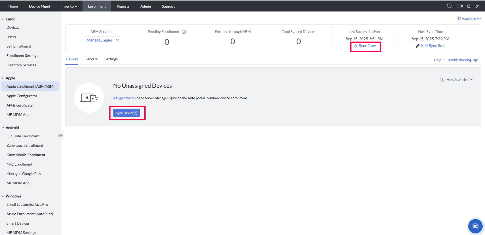 ManageEngine MDM console syncing Apple Business Manager assignments