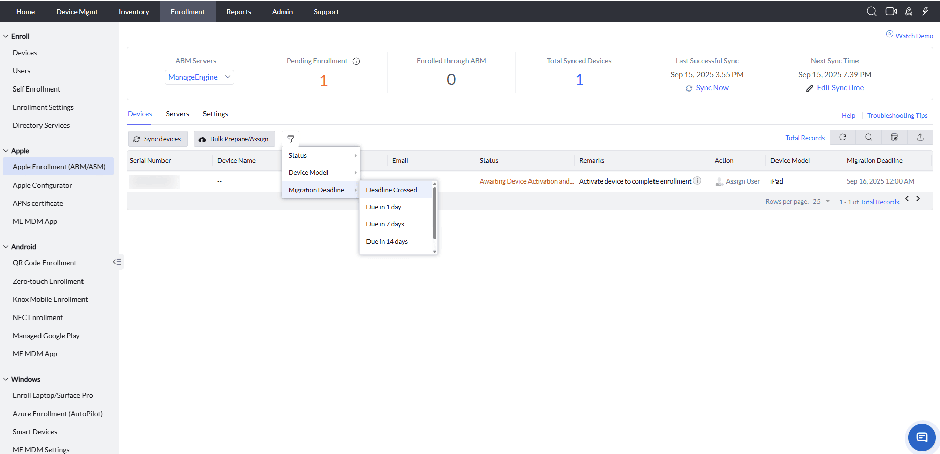 ManageEngine MDM migration deadline details for an enrolled device