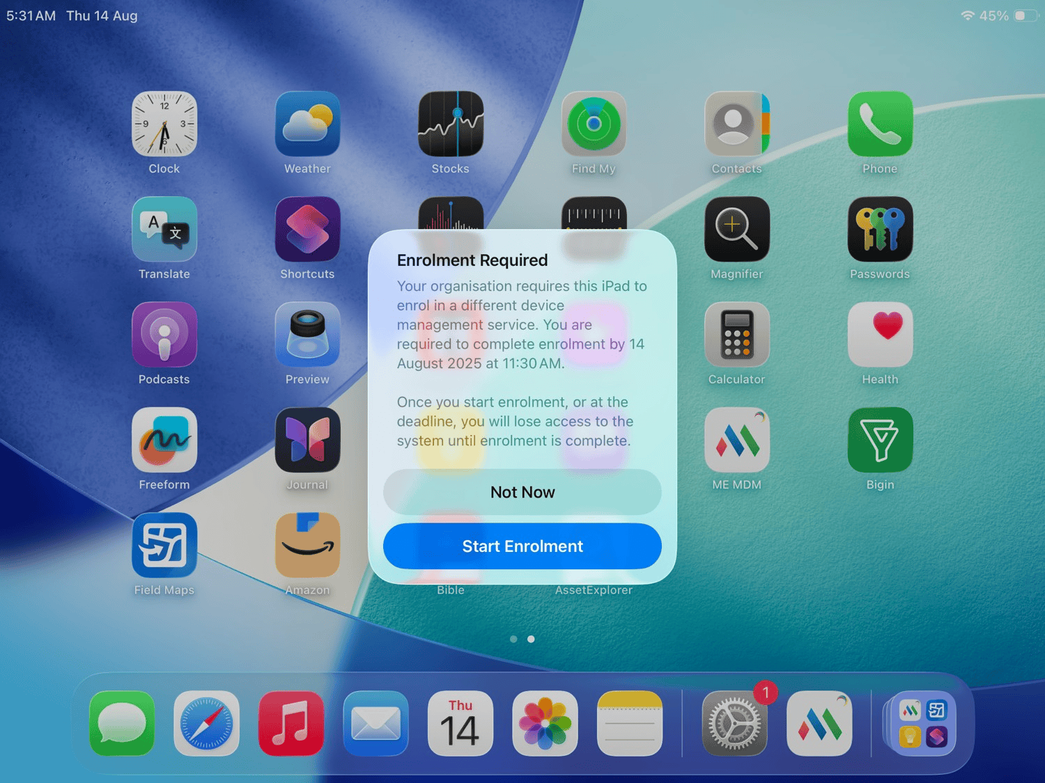 Apple device notification prompting the user to enroll for migration