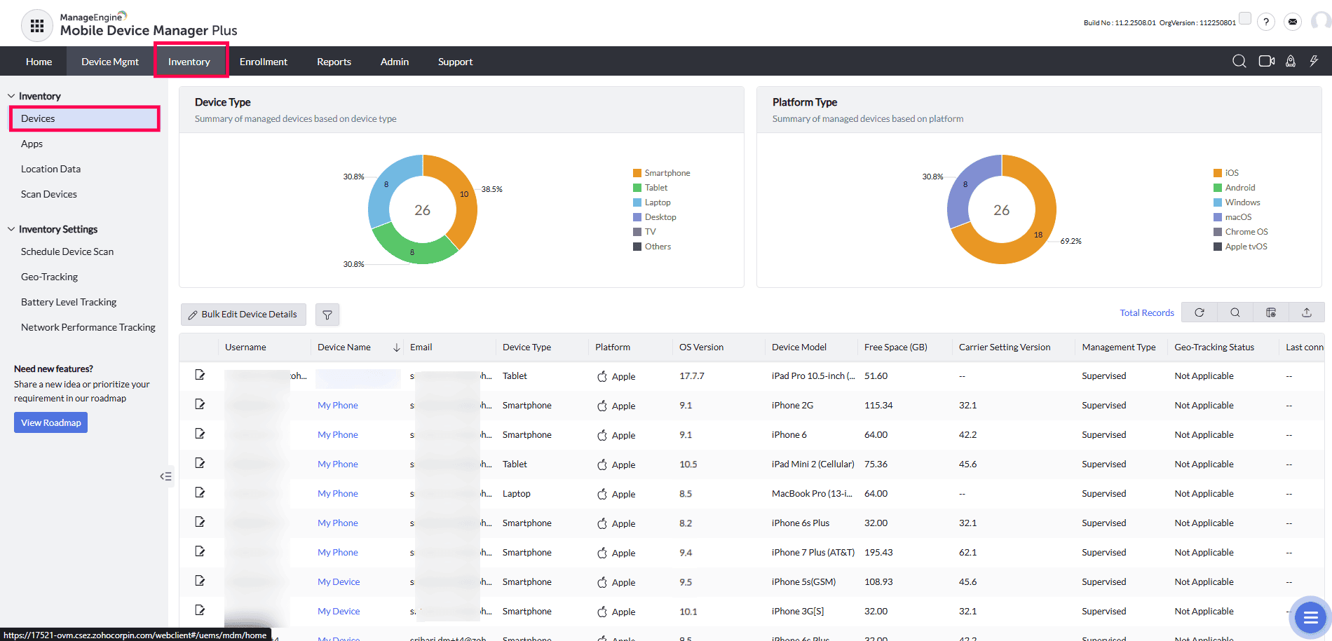 ManageEngine MDM inventory view with migrated devices