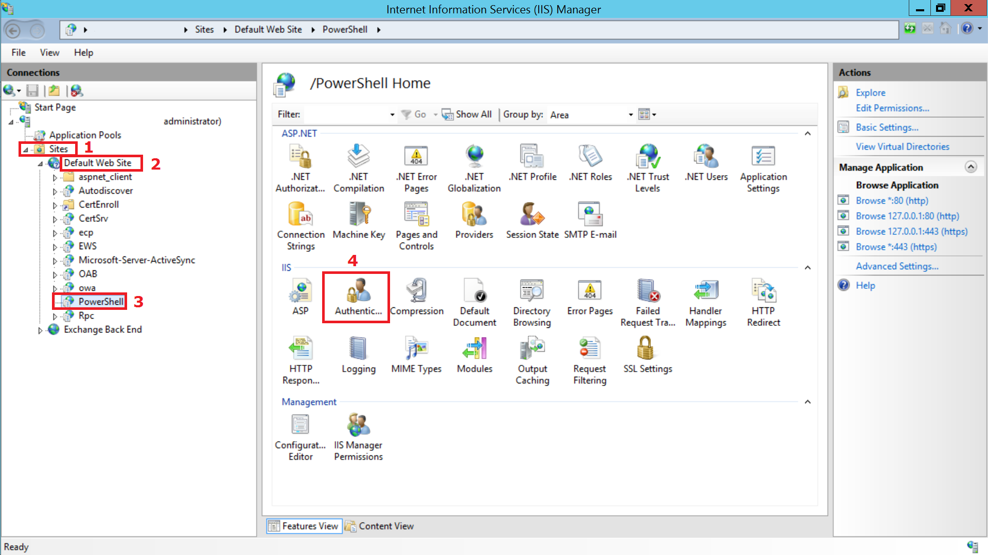 IIS Manager PowerShell Authentication settings for Default Website