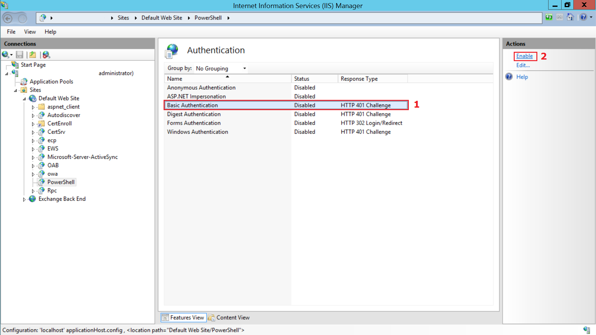 Enabling Basic Authentication in IIS Manager for Exchange Server