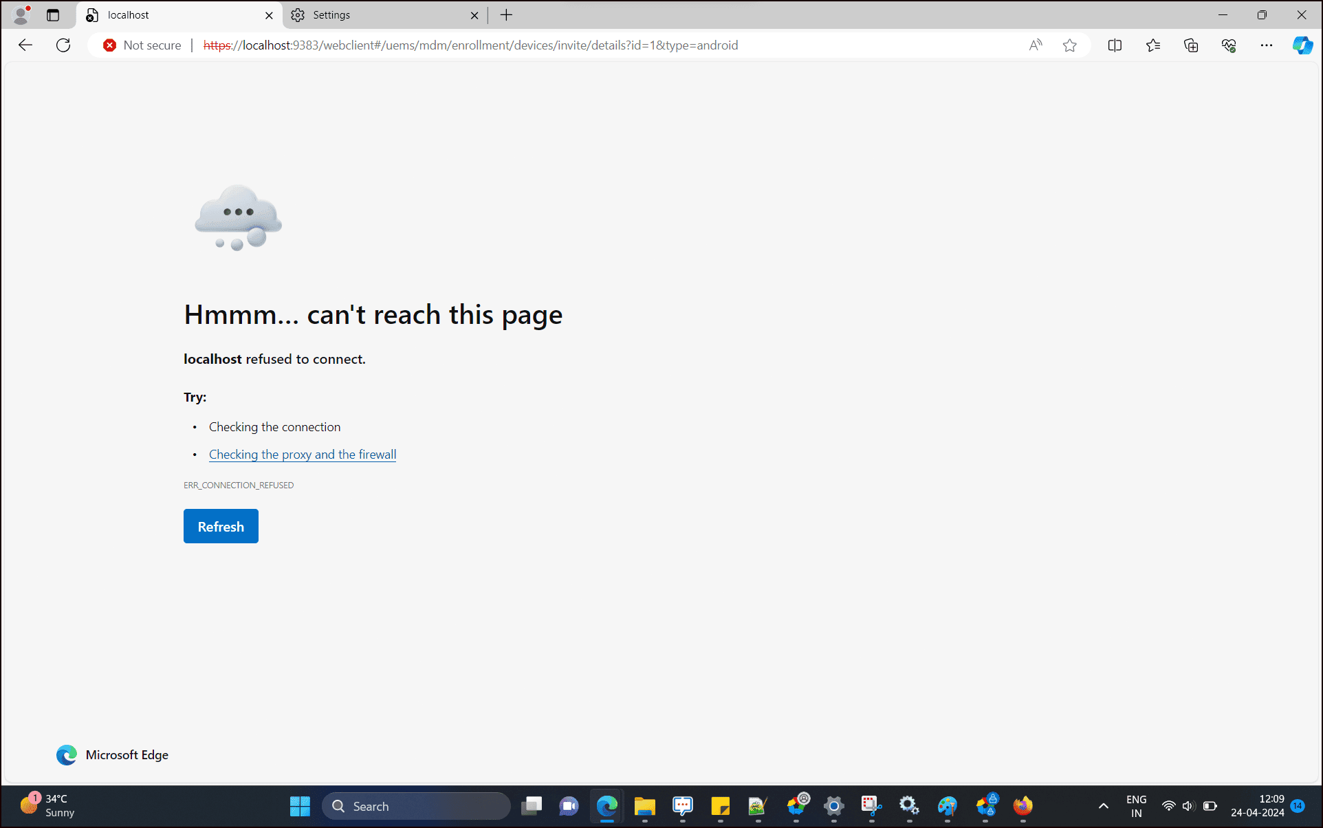 Browser showing the Server Not Reachable error when the MDM server cannot be accessed