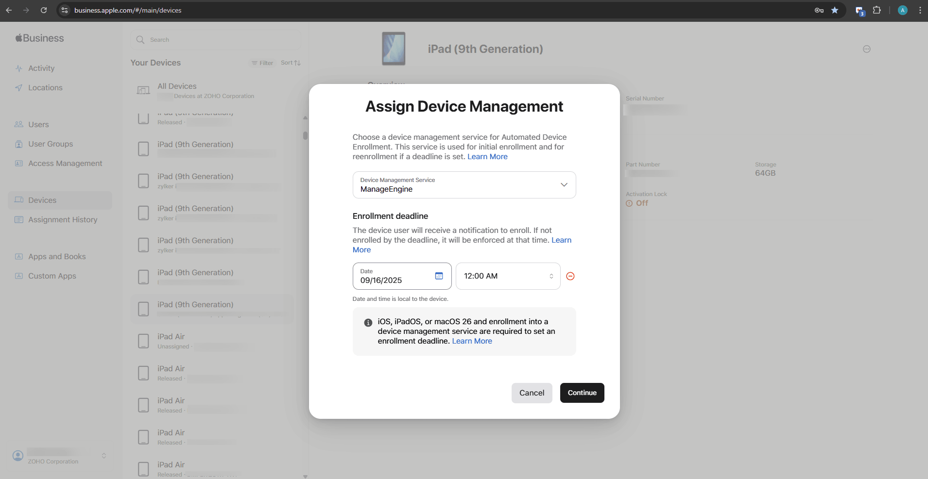 Enforcement deadline configuration in Apple Business Manager