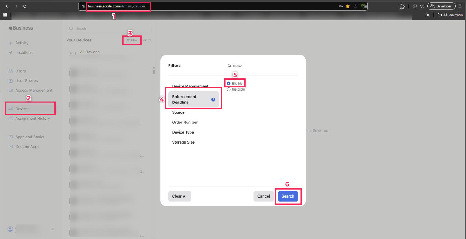Apple Business Manager Eligible Devices filter for migration