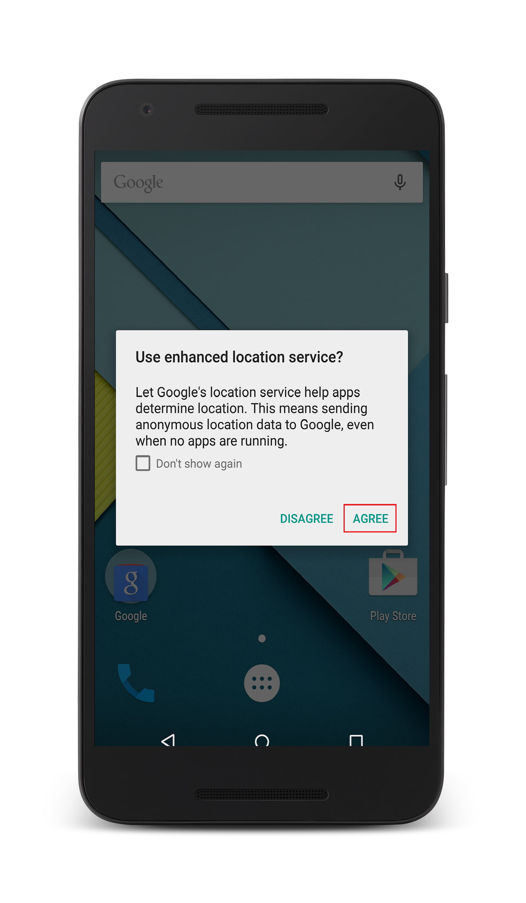 loc2 Android dialog to enable Location Services for ManageEngine MDM, with Agree button
