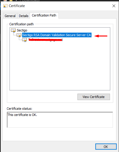 Certification Path tab showing the root and intermediate certificate hierarchy