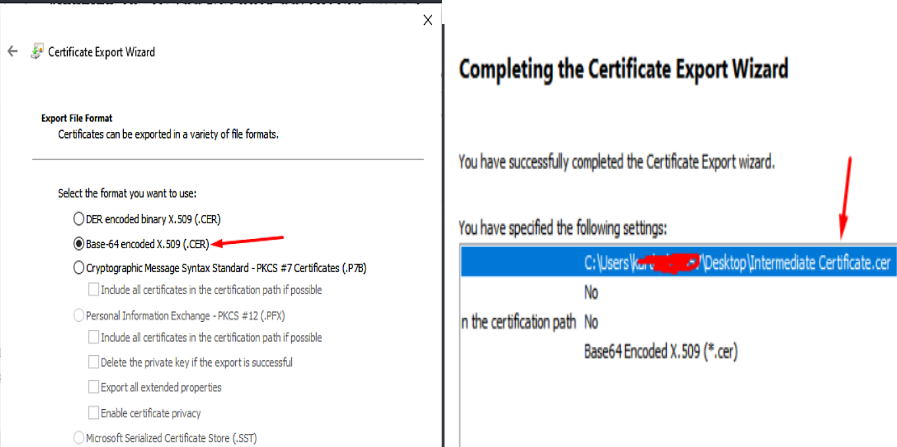 Certificate Export Wizard with Base-64 encoded X.509 format selected for export