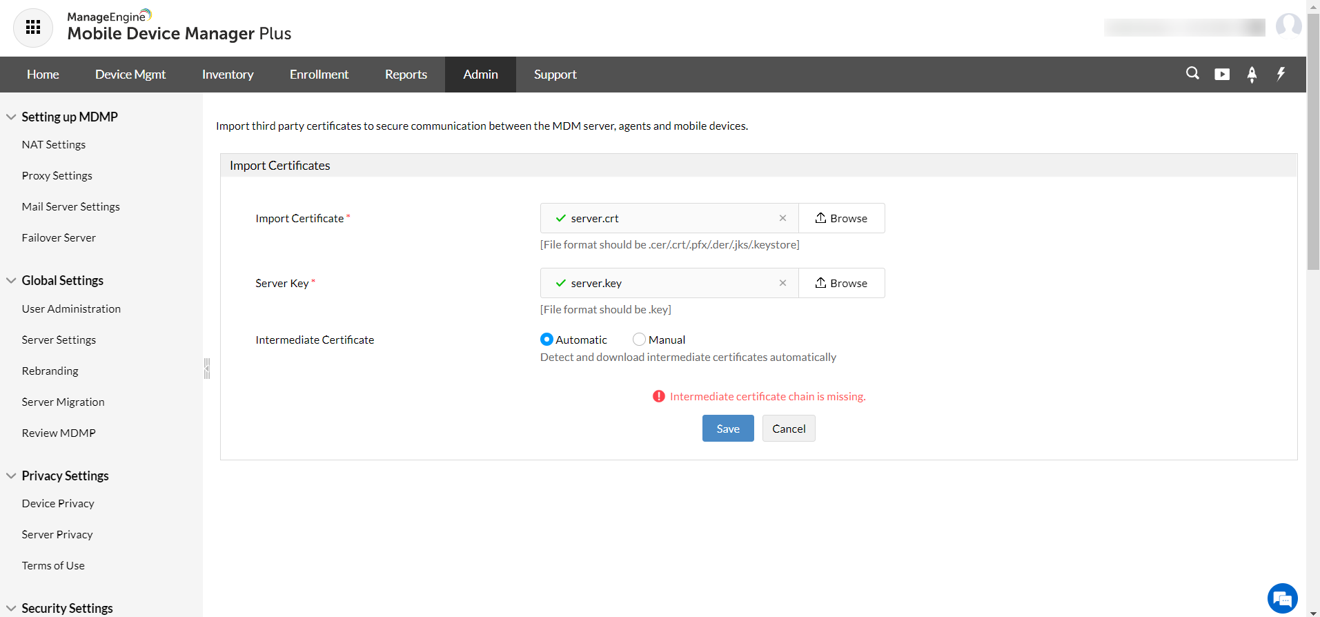 Intermediate certificates can't be downloaded automatically error shown while importing an SSL certificate