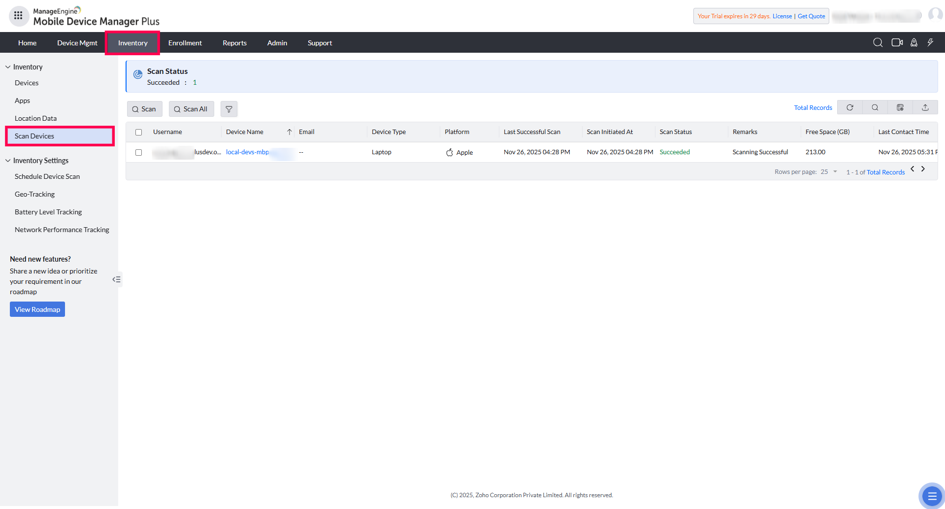 Scan All action for migrated devices in ManageEngine MDM