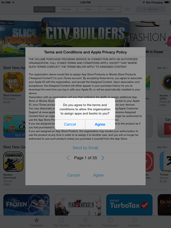 App Store screen prompting the Apple ID sign-in step to accept the Managed Distribution invitation