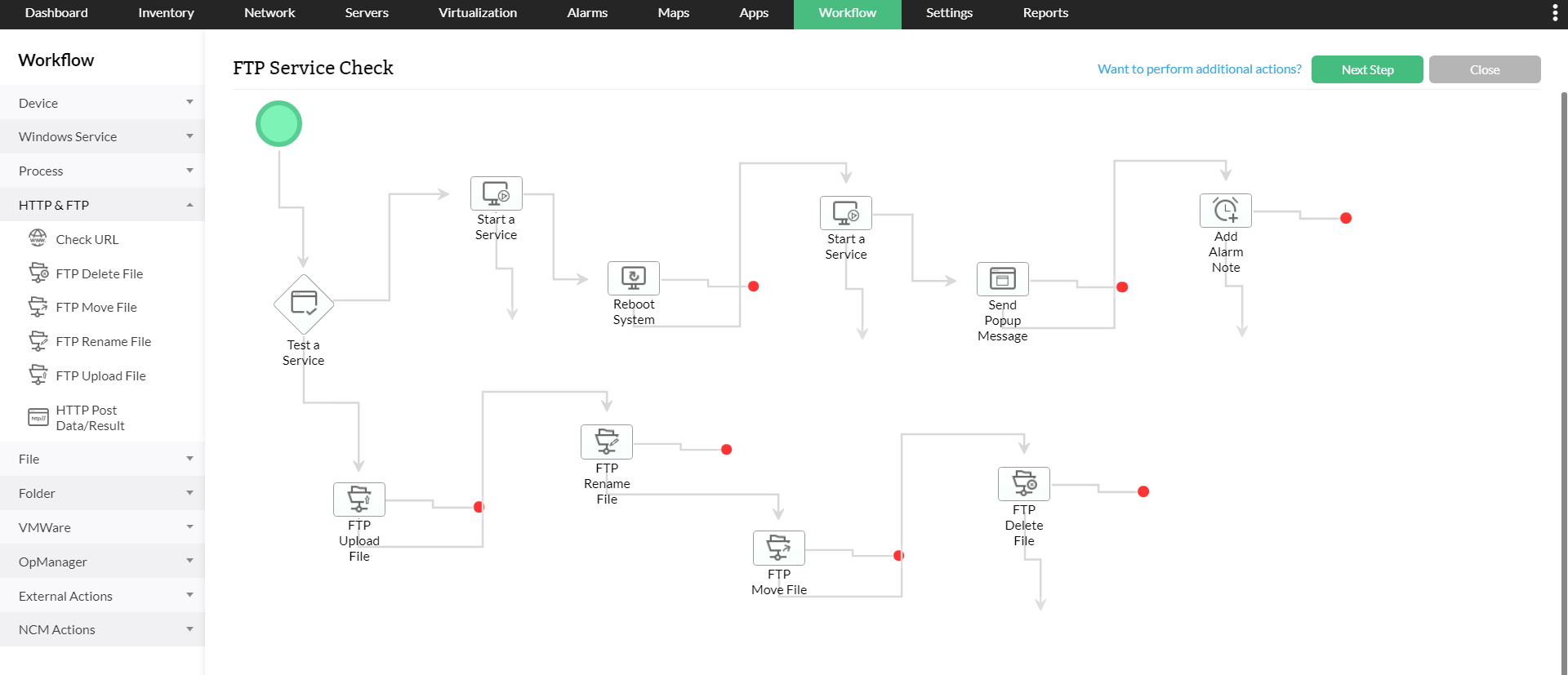 FTP Monitoring in OpManager: Simplify and automate troubleshooting for FTP services using workflows