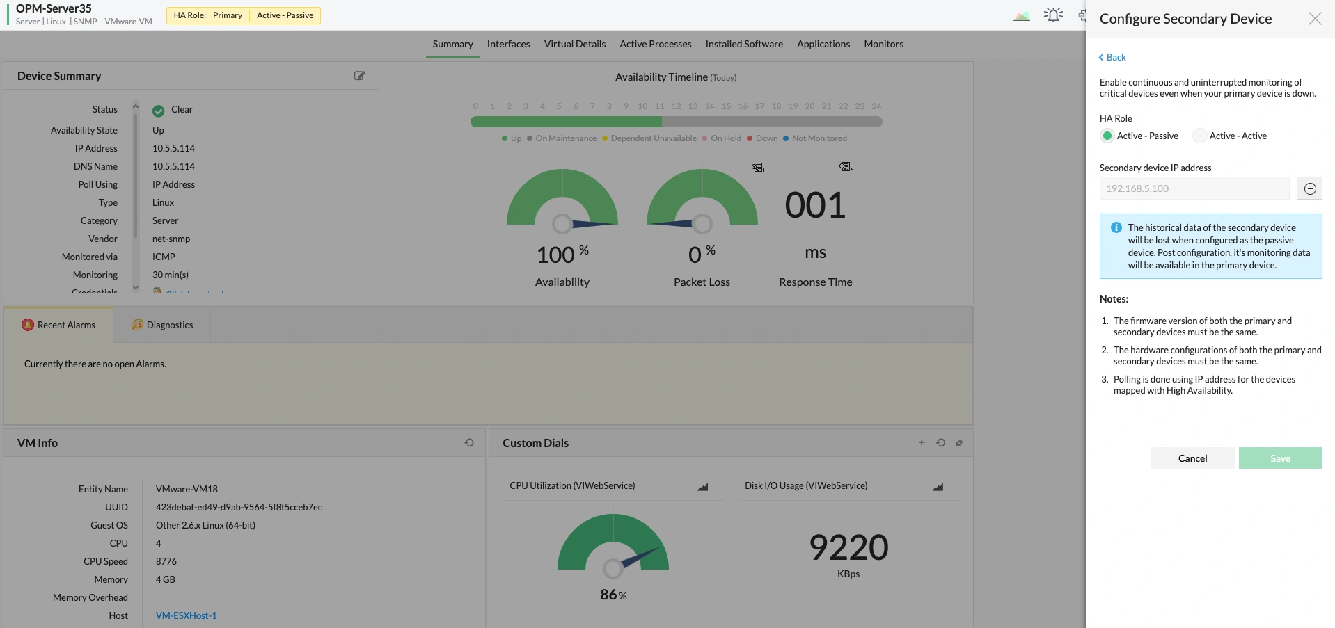Datacenter monitoring in OpManager: Failover and high availability monitoring