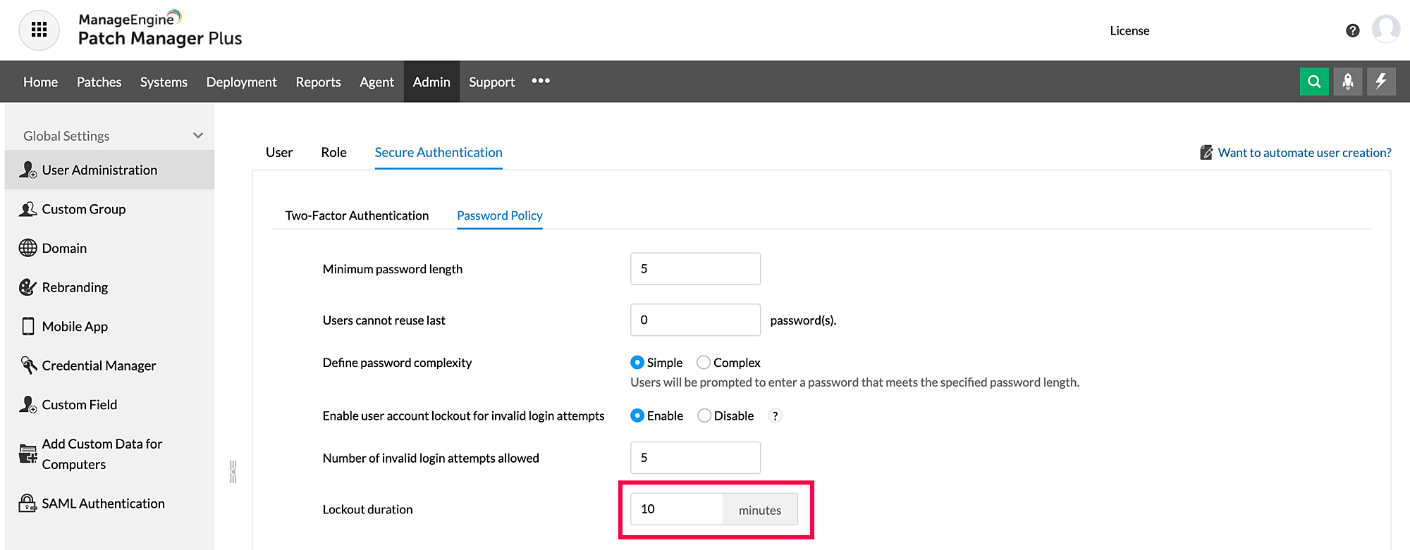 Duration of lockout period - ManageEngine Patch Manager Plus