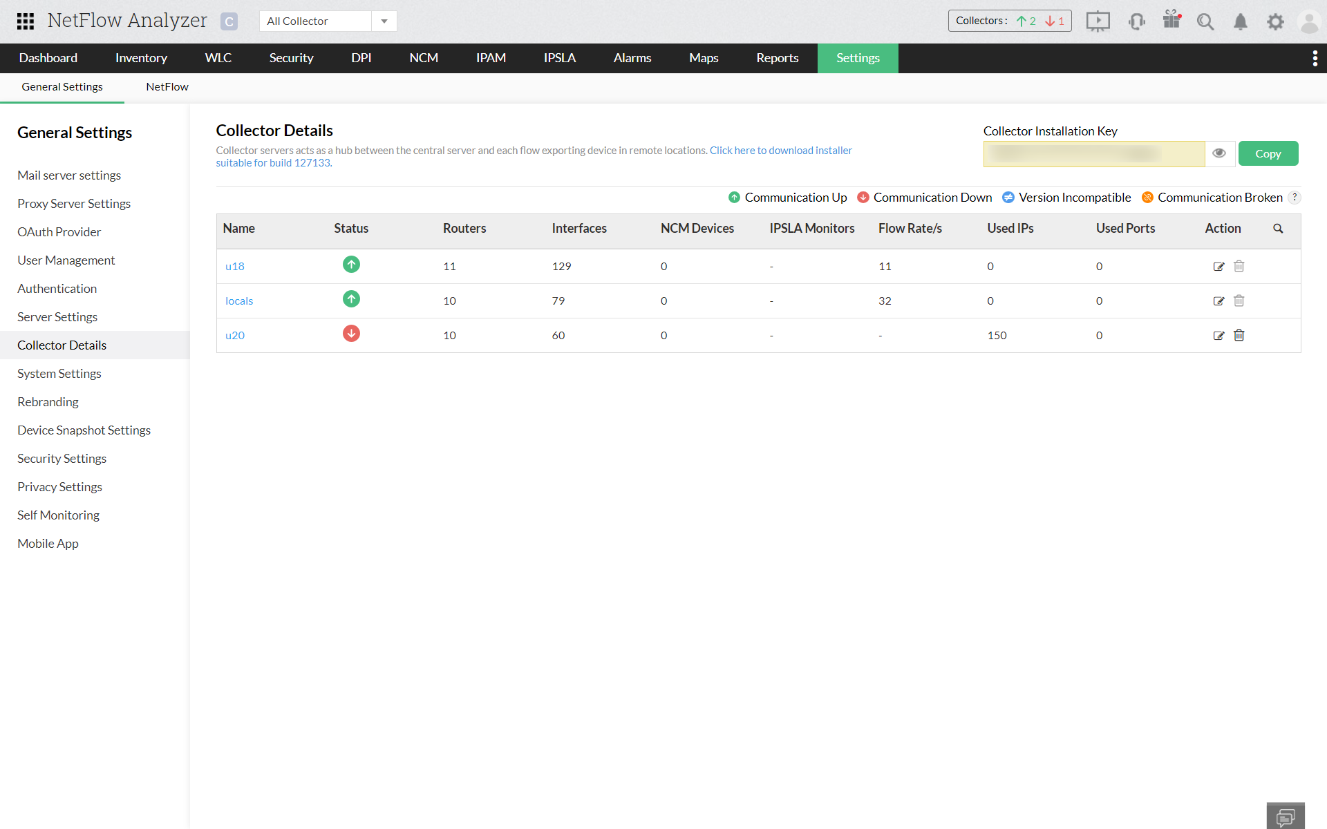 Tabela com detalhes de configurações gerais do NetFlow Analyzer