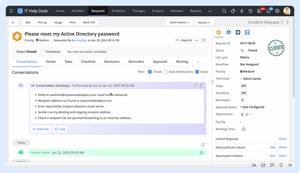 AI based IT ticket summary Conversation summary by Zia