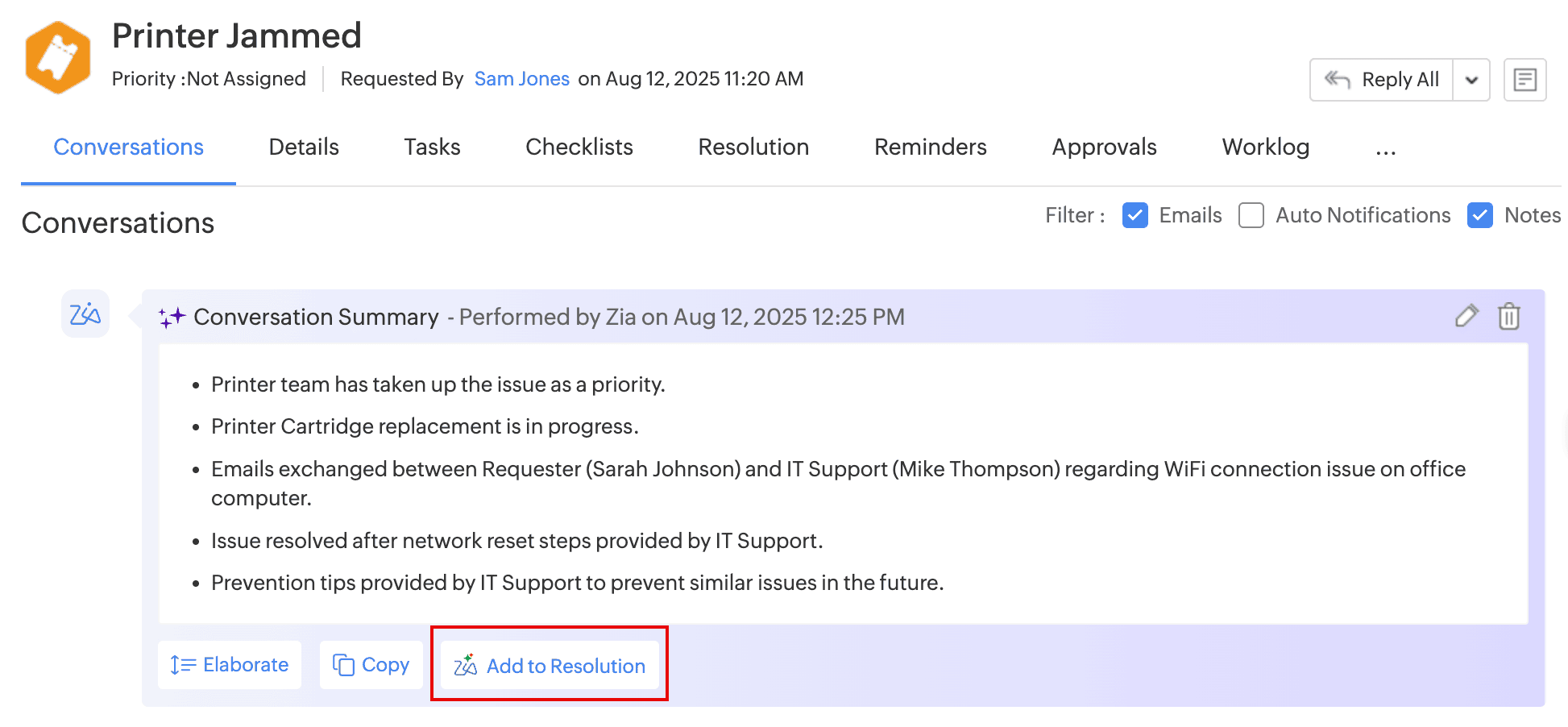 Resolution Assist in Conversation Summary