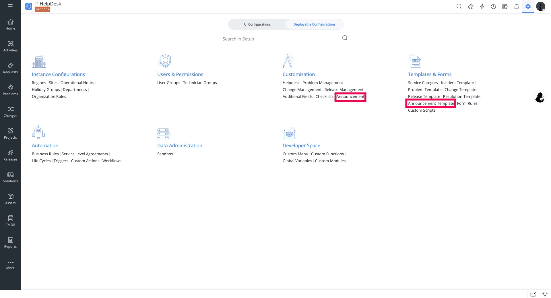 Announcement Type and Template in Sandbox