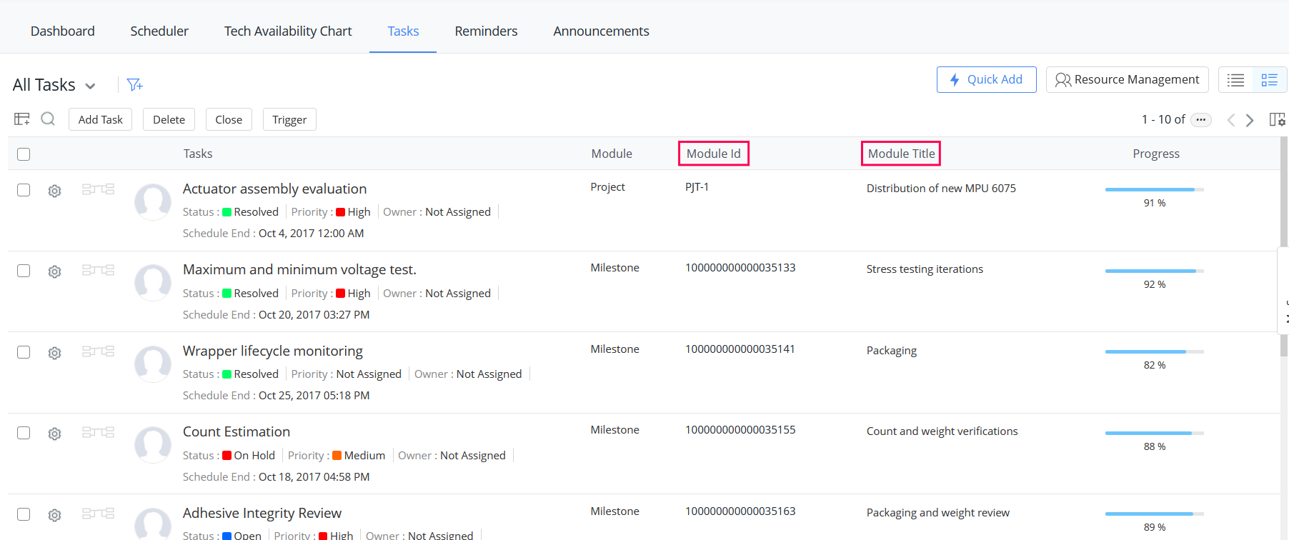 General Tasks list view
