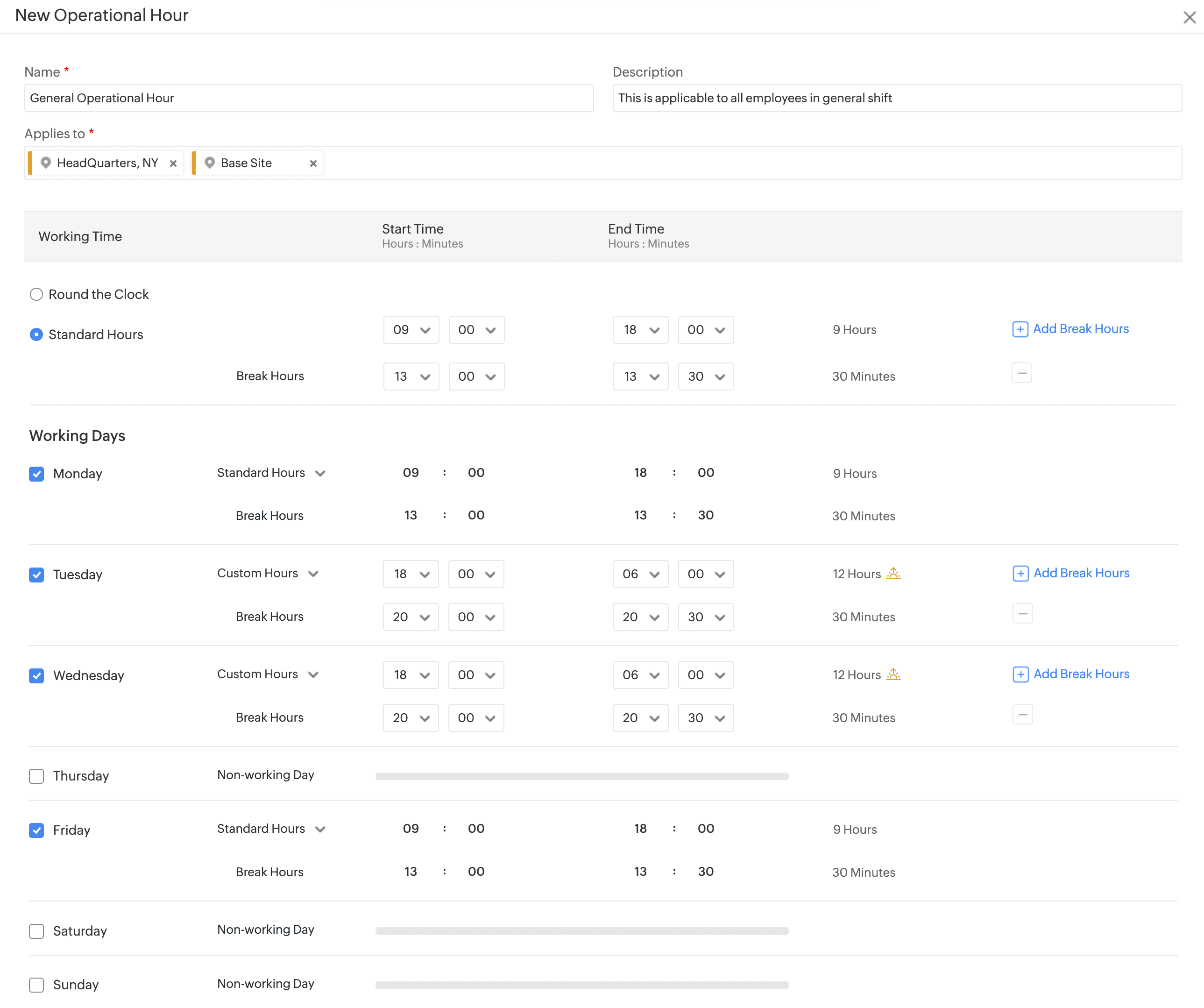 Operational Hours and Special Operational Hours