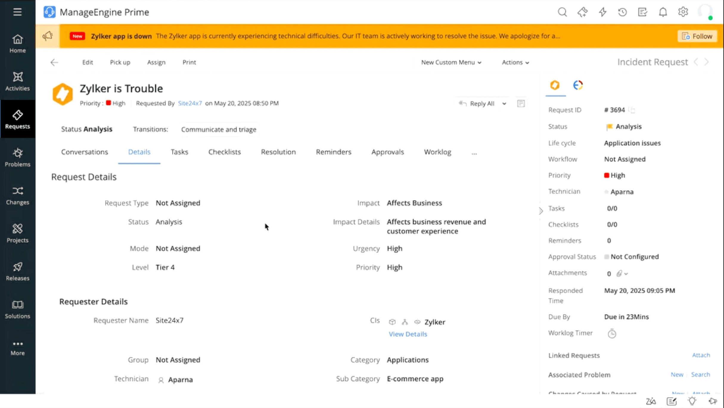 Announcement banner in ServiceDesk Plus