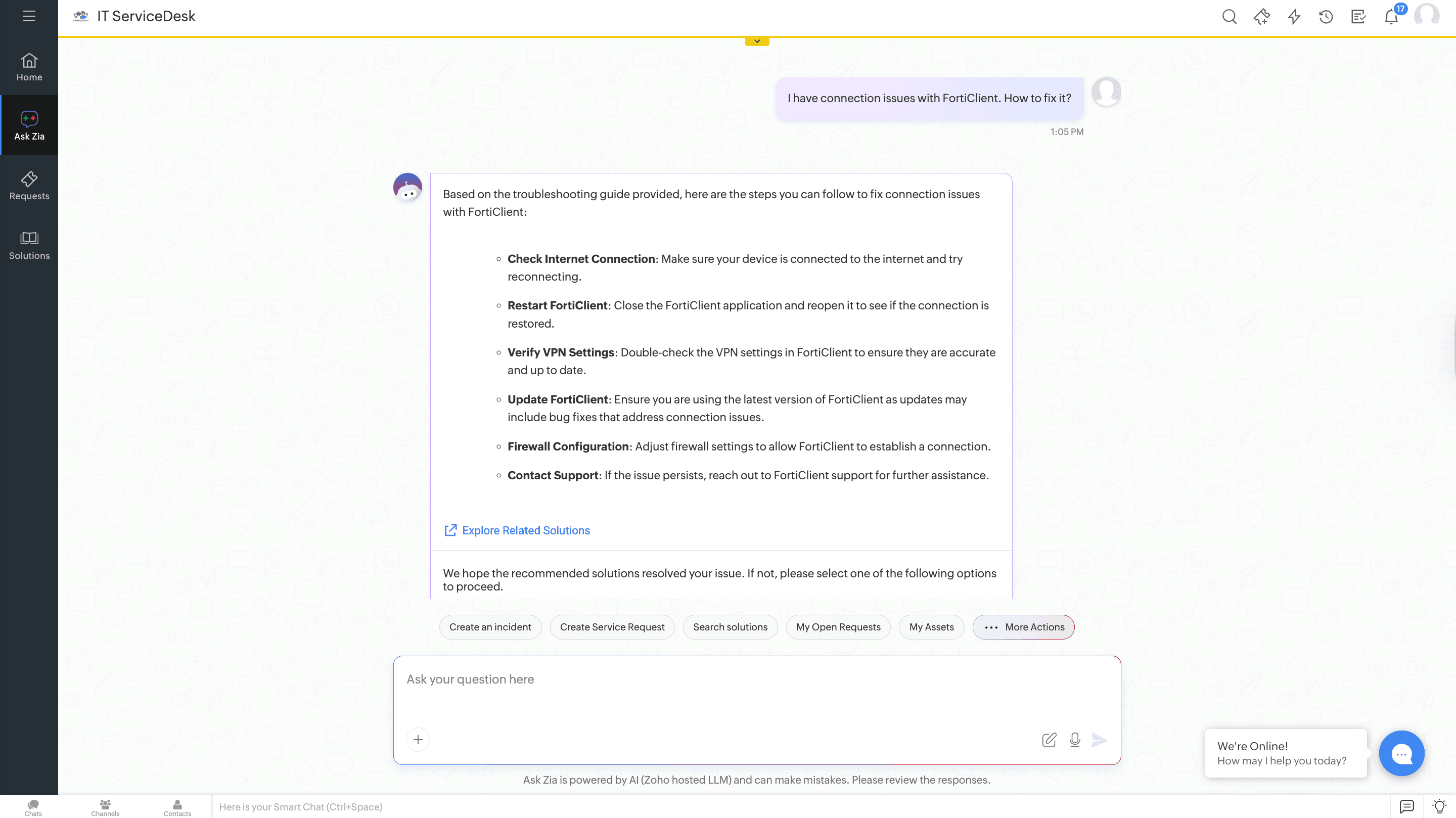 Ask Zia conversational AI chatbot in ServiceDesk Plus showing user query and AI response