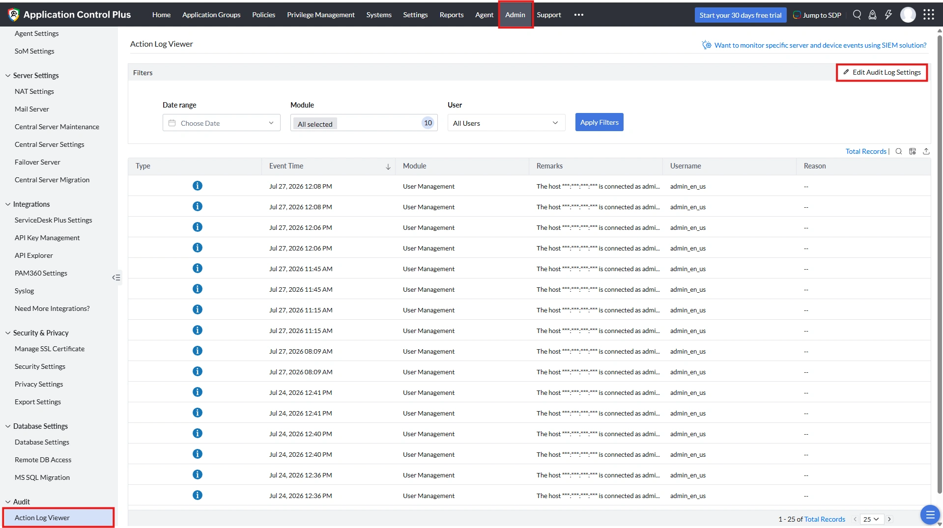 Action Log Viewer Settings Action Log Viewer Settings
