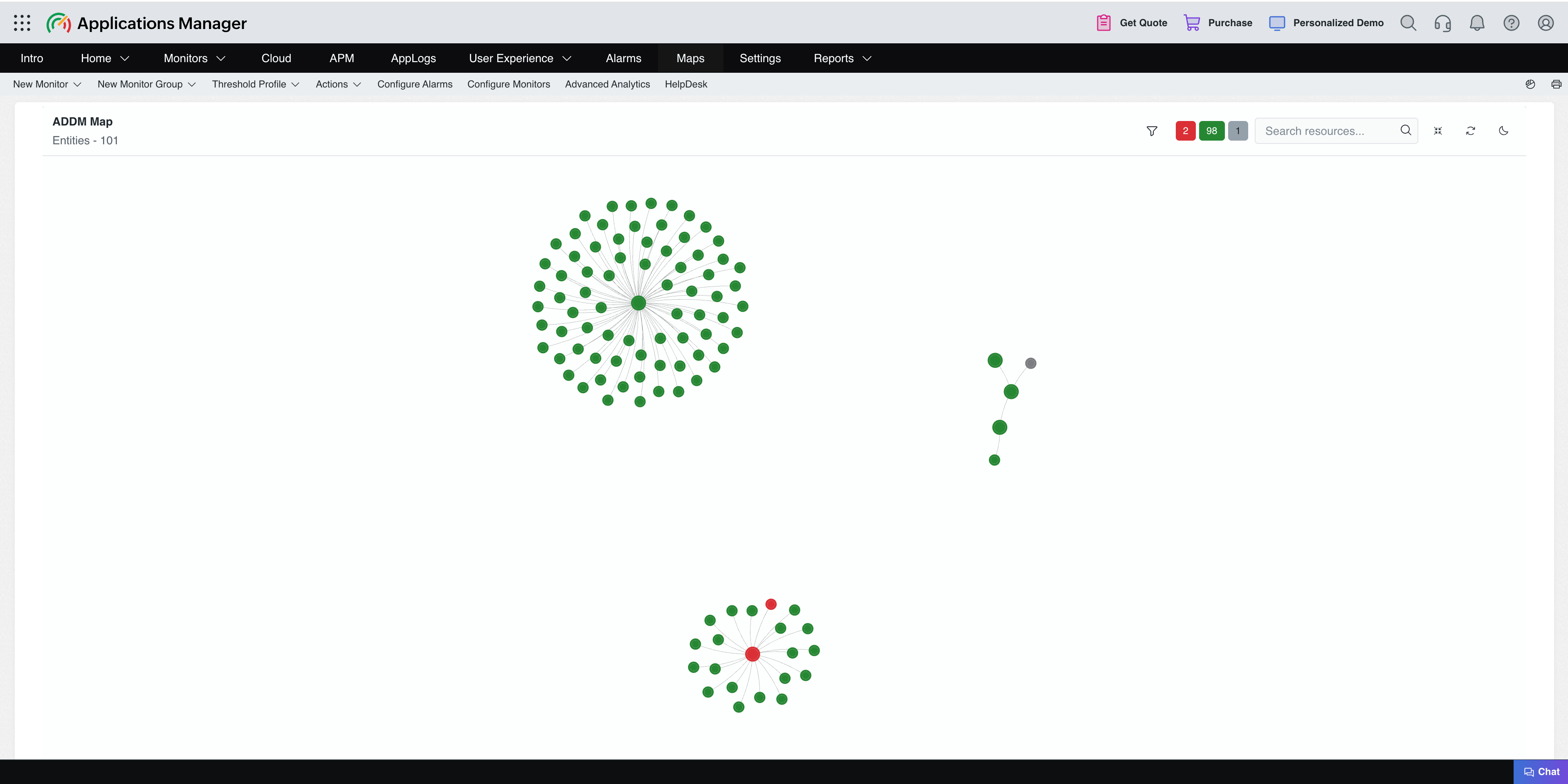 ADDM Map overview with 101 entities ADDM Map overview showing 101 discovered entities and their resource relationships