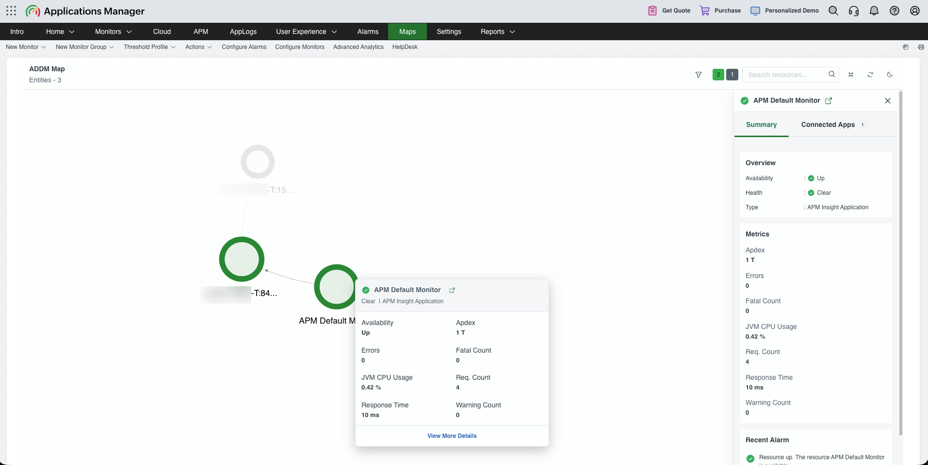 ADDM Map resource tooltip ADDM Map resource tooltip with status, type, metrics, and monitor details option
