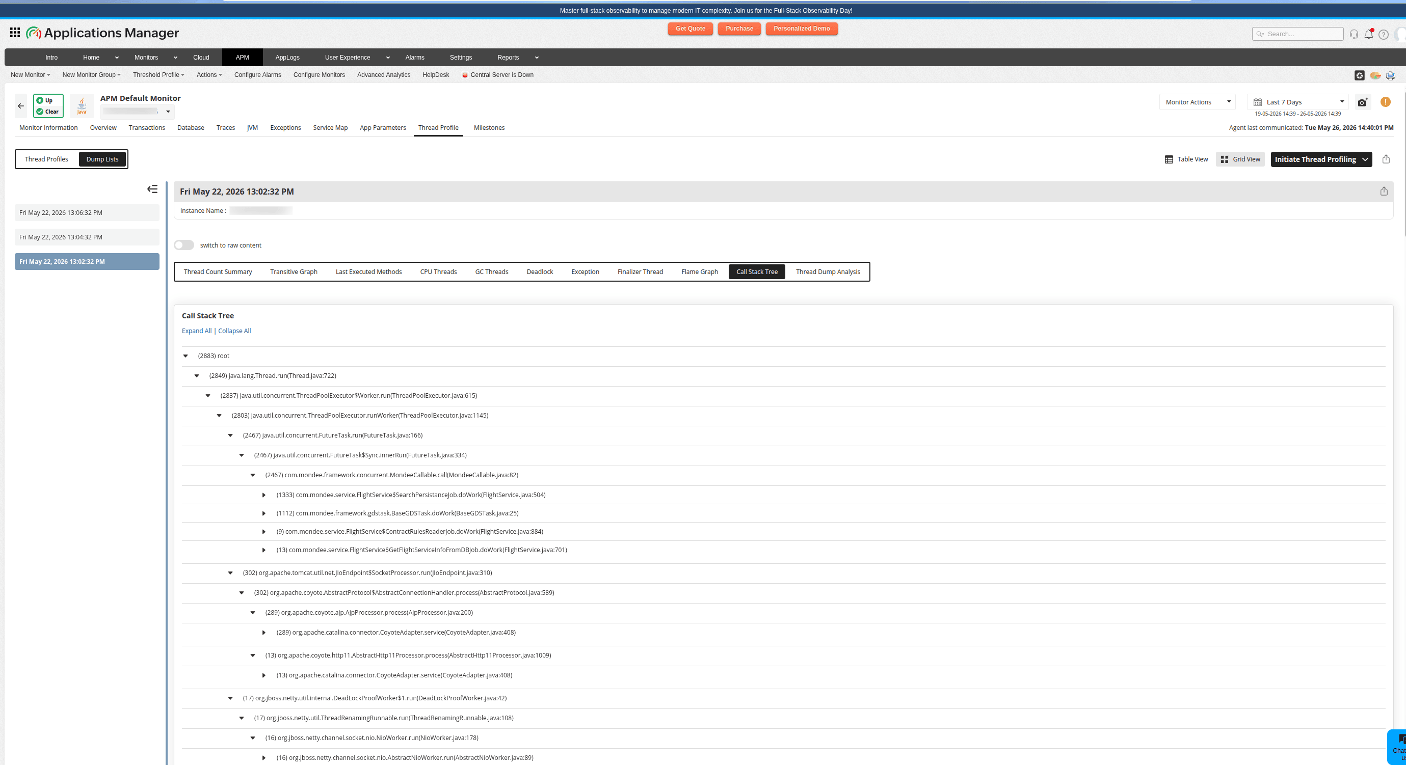 Call stack tree showing aggregated call paths
