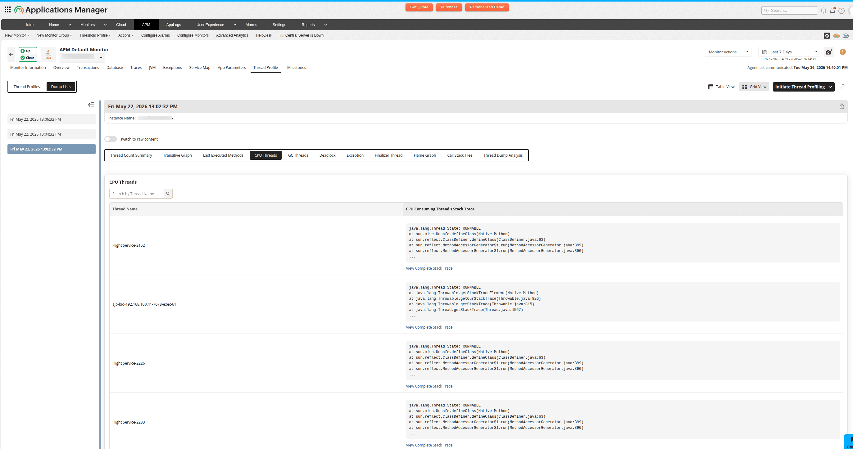 CPU threads tab showing threads actively consuming CPU