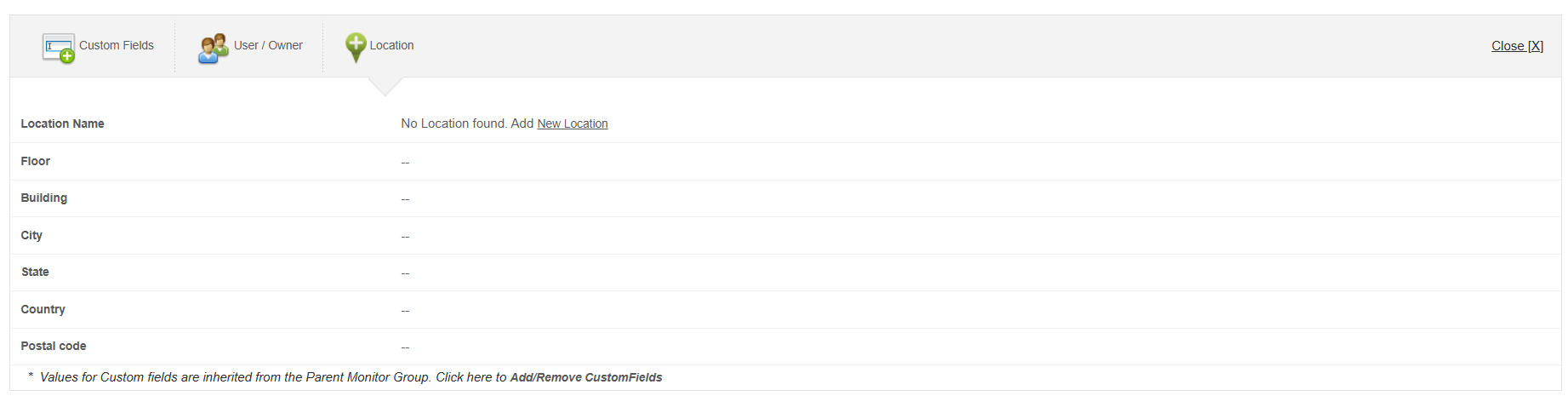 Applications Manager Custom Fields: Location tab showing fields for Location Name, Floor, Building, City, State, Country, and Postal Code