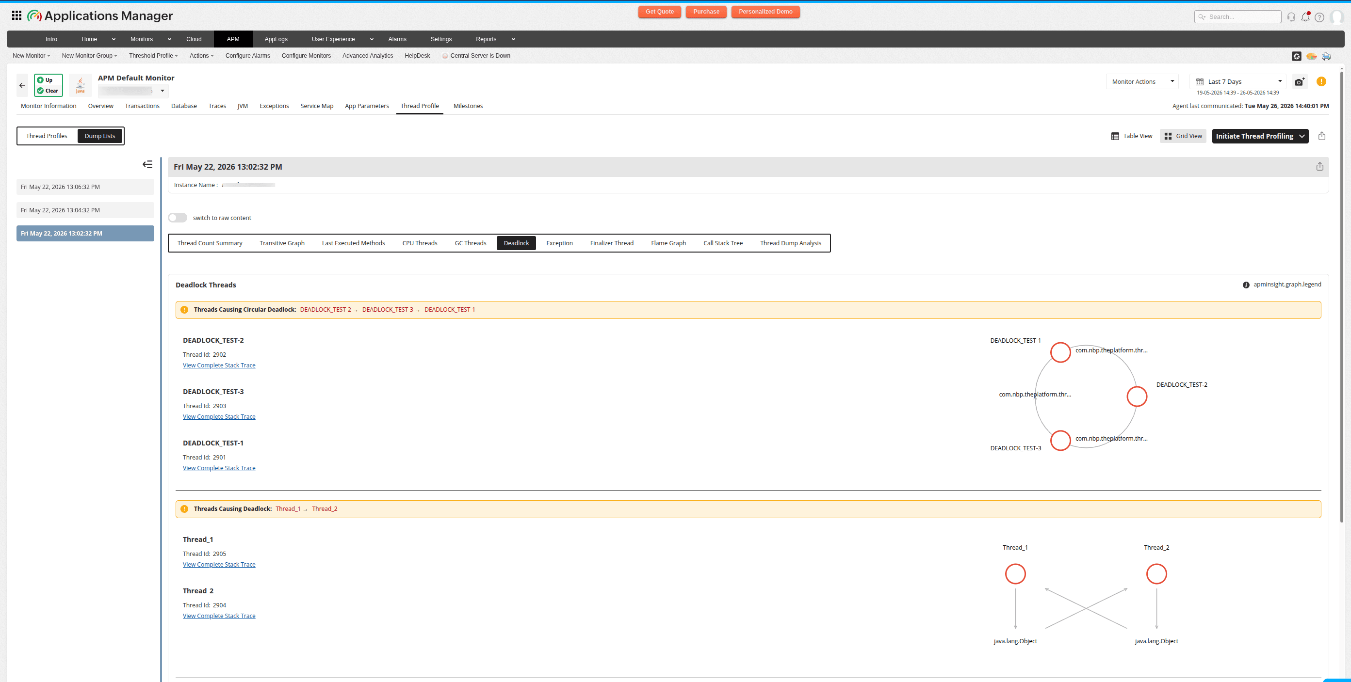 Deadlock tab showing circular and regular deadlock visualizations