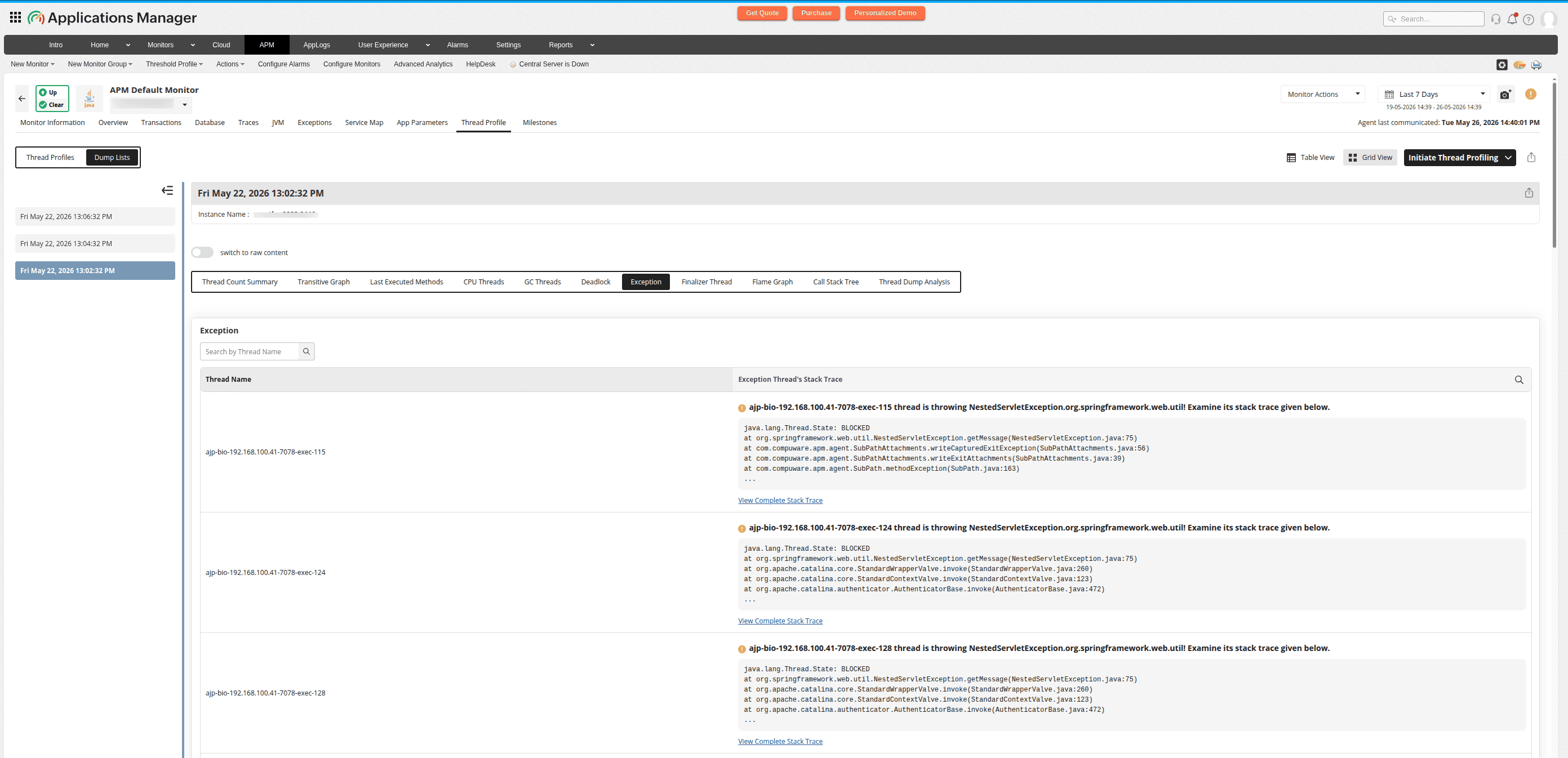 Exception threads tab showing threads with exceptions
