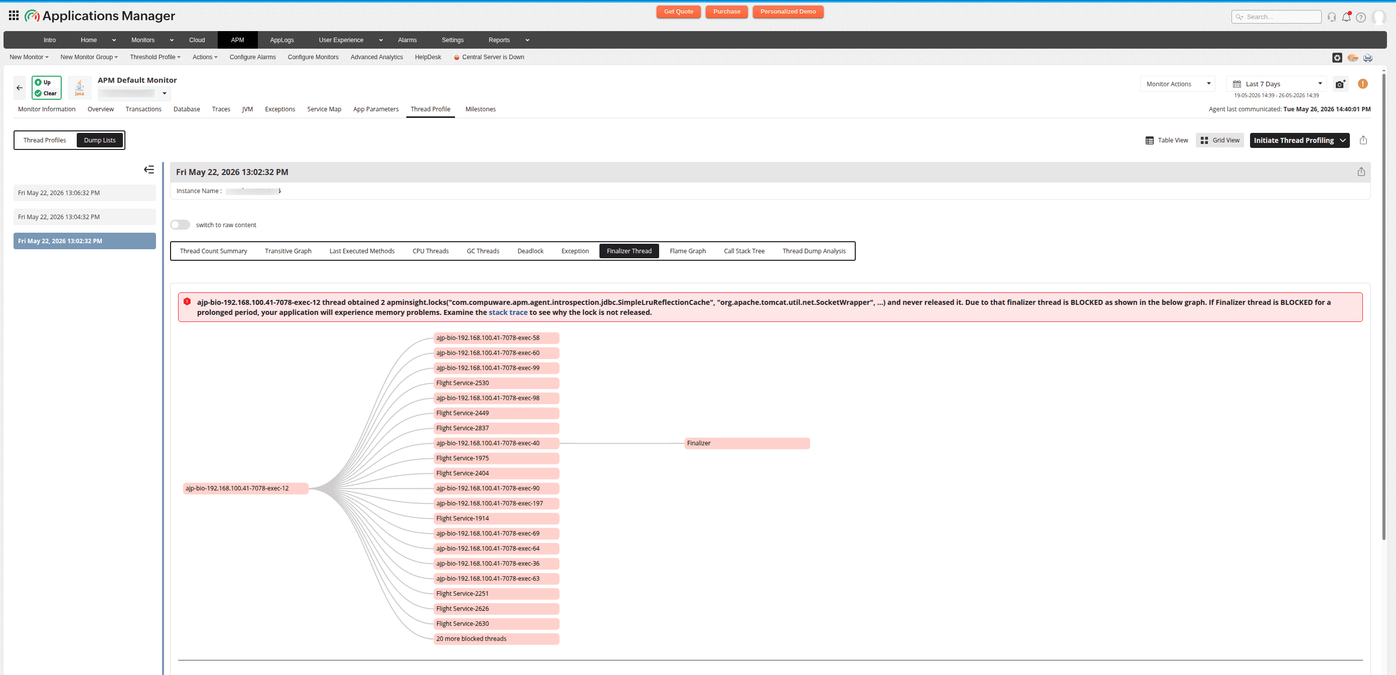 Finalizer thread tab showing blocking analysis