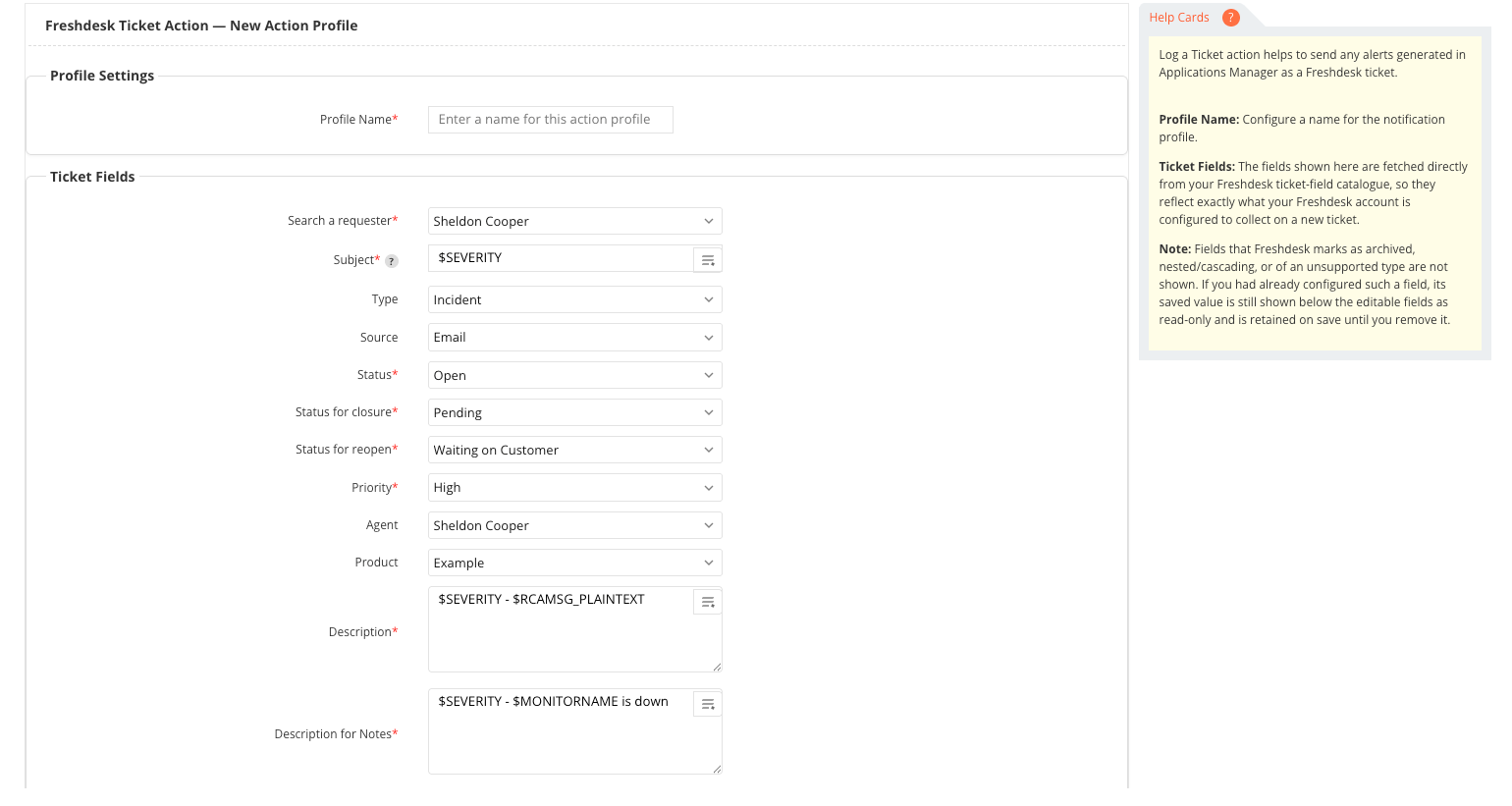 Freshdesk Ticket Action form in Applications Manager showing profile settings and ticket fields