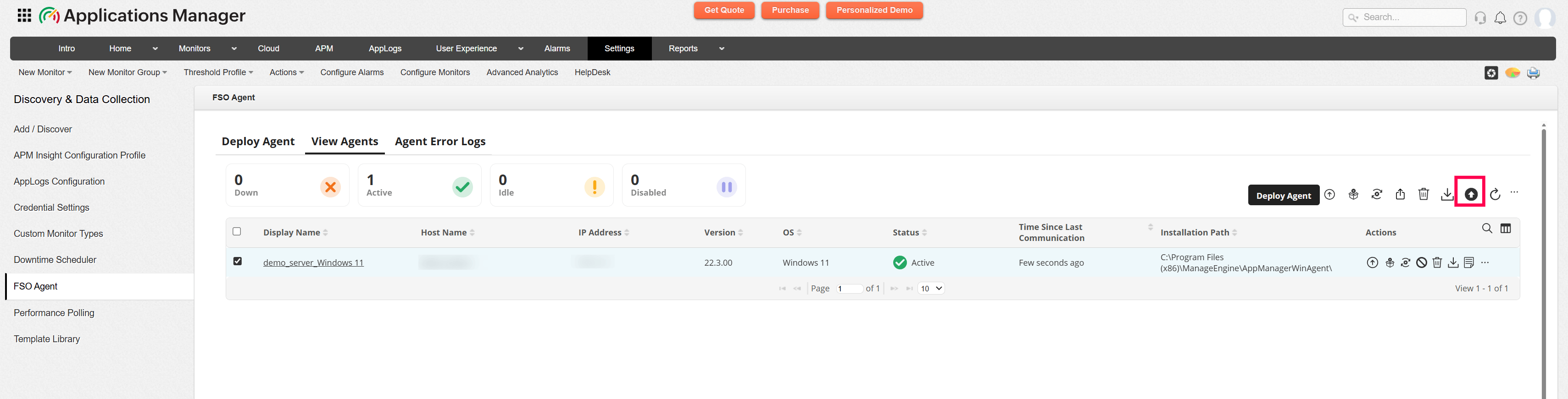 View Agents page with FSO Upgrade button highlighted for a global upgrade