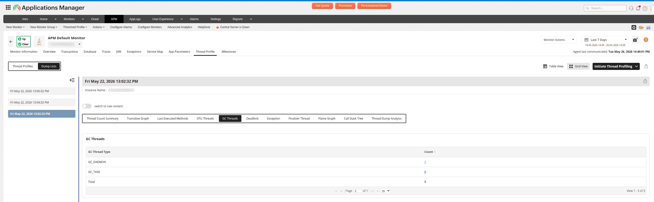 GC threads tab showing garbage collector thread counts by type