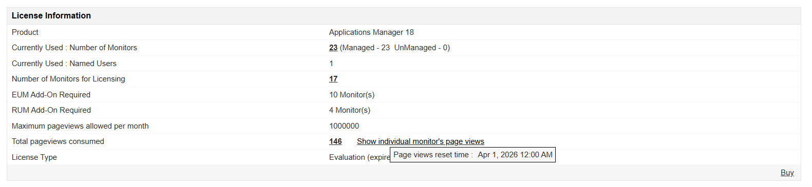 Applications Manager Licensing in Mobile App Monitor: Viewing page views reset time in license information