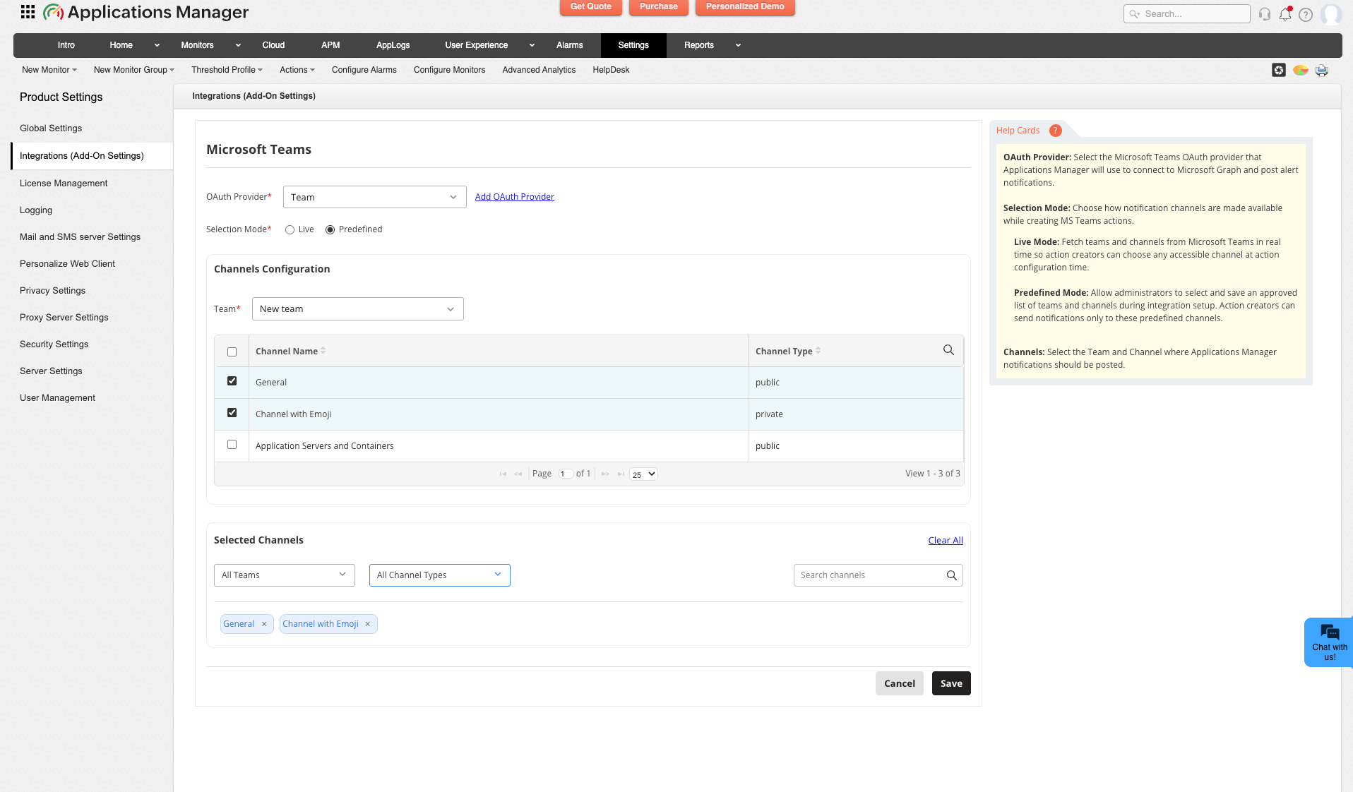 Applications Manager Integrating Microsoft Teams with Applications Manager: Configuring the Microsoft Teams integration settings