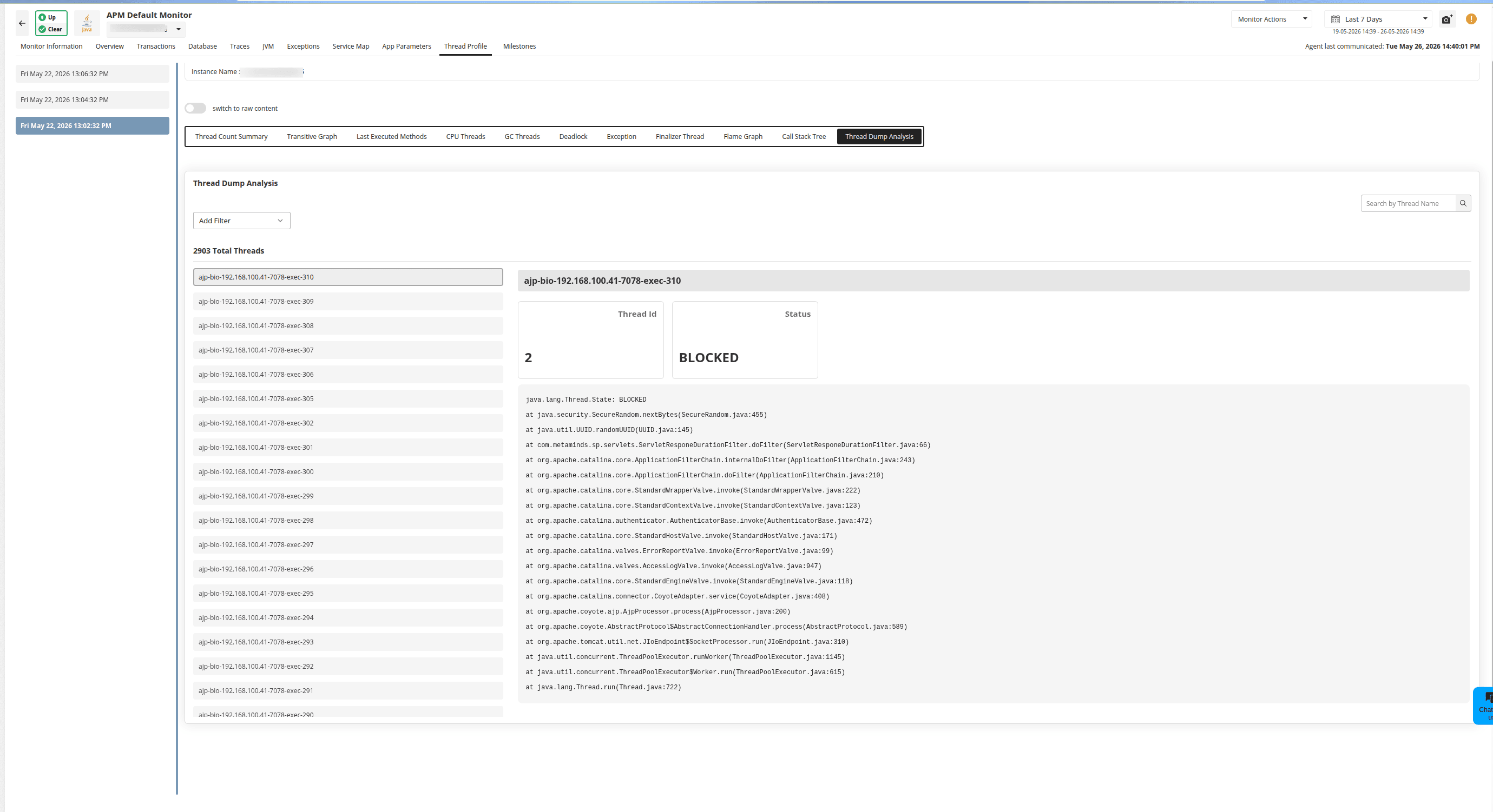 Thread dump analysis detail panel with thread list and stack trace