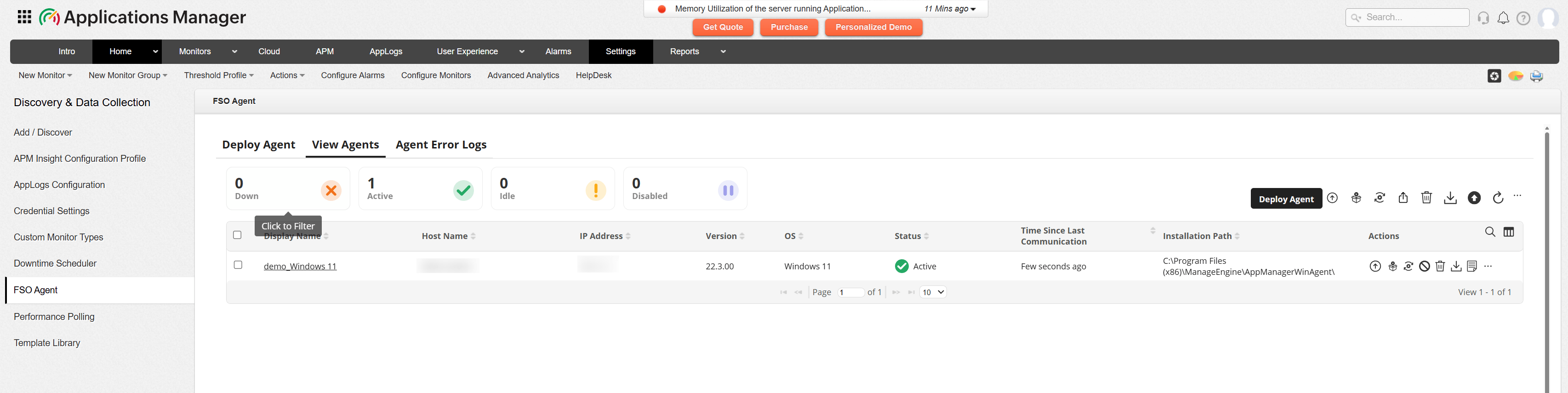 FSO Agent View Agents page in Applications Manager