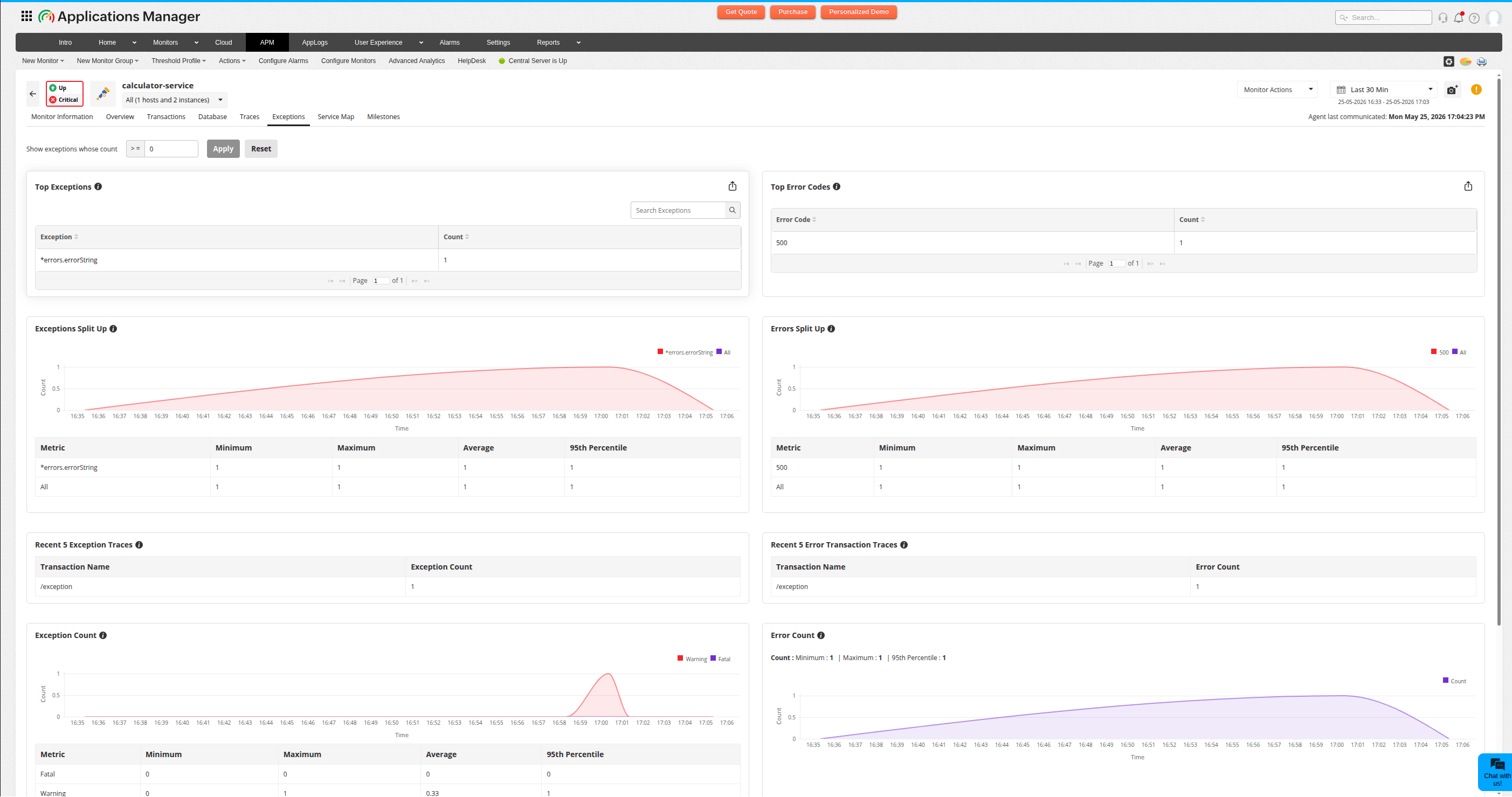 Application exception analysis using OpenTelemetry in Applications Manager